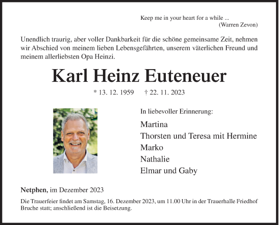 Traueranzeige von Karl Heinz Euteneuer von Siegener Zeitung