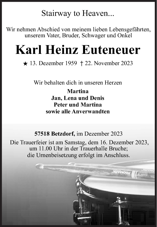 Traueranzeige von Karl Heinz Euteneuer von Siegener Zeitung