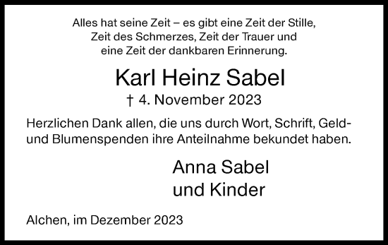 Traueranzeige von Karl Heinz Sabel von Siegener Zeitung