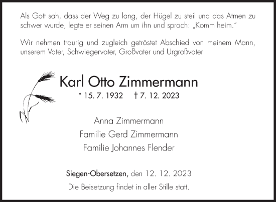 Traueranzeige von Karl Otto Zimmermann von Siegener Zeitung
