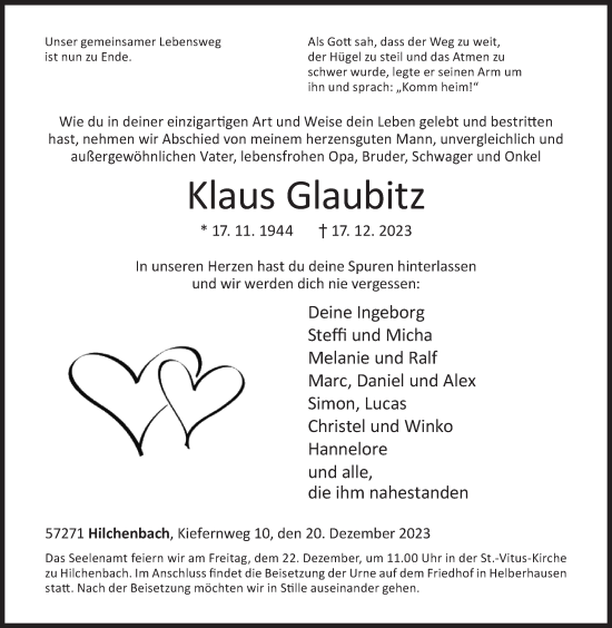 Traueranzeige von Klaus Glaubitz von Siegener Zeitung
