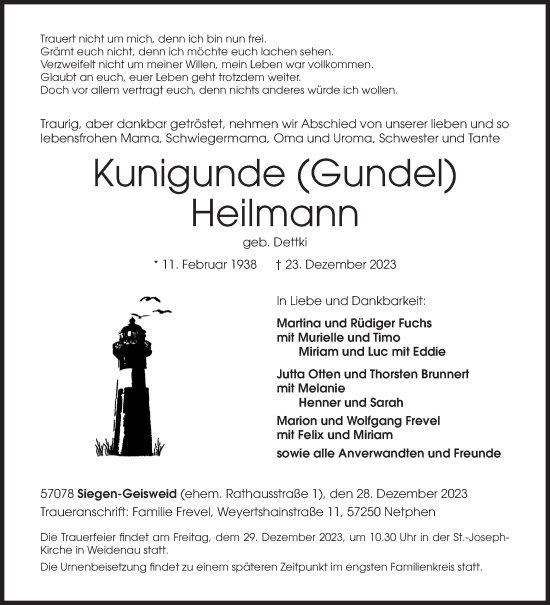 Traueranzeige von Kunigunde Heilmann von Siegener Zeitung