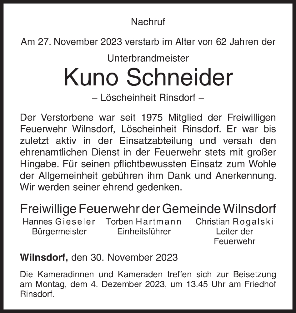  Traueranzeige für Kuno Schneider vom 02.12.2023 aus Siegener Zeitung