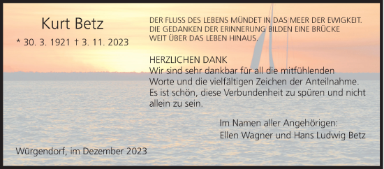 Traueranzeige von Kurt Betz von Siegener Zeitung