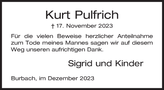 Traueranzeige von Kurt Pulfrich von Siegener Zeitung