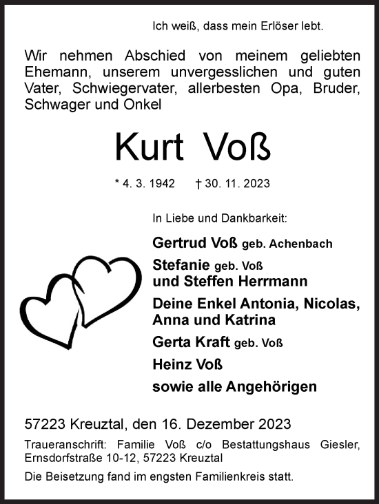 Traueranzeige von Kurt Voß von Siegener Zeitung