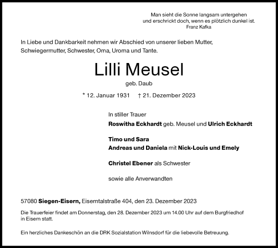 Traueranzeige von Lilli Meusel von Siegener Zeitung