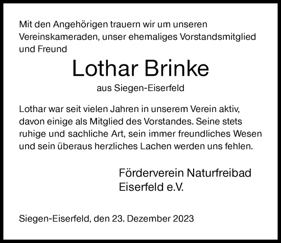 Traueranzeige von Lothar Brinke von Siegener Zeitung