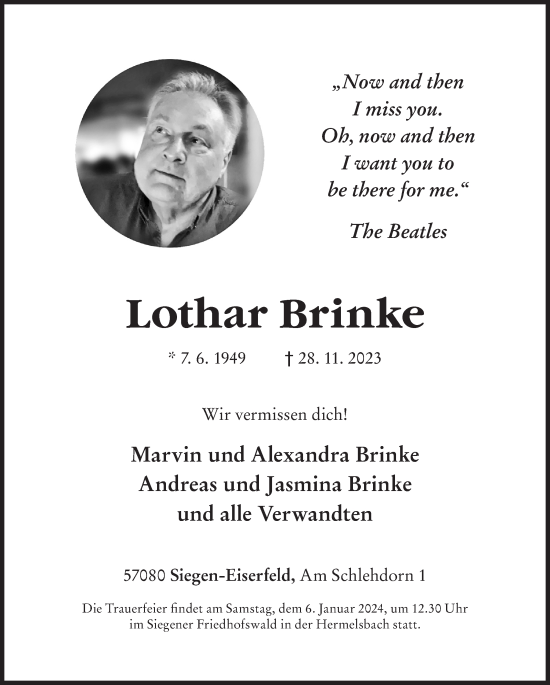 Traueranzeige von Lothar Brinke von Siegener Zeitung