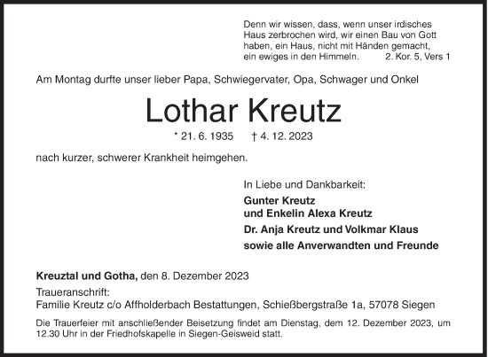 Traueranzeigen von Lothar Kreutz 57trauer.de