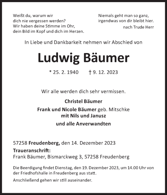 Traueranzeige von Ludwig Bäumer von Siegener Zeitung