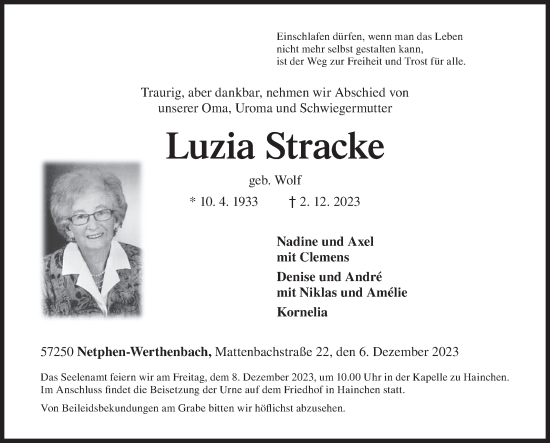 Traueranzeige von Luzia Stracke von Siegener Zeitung