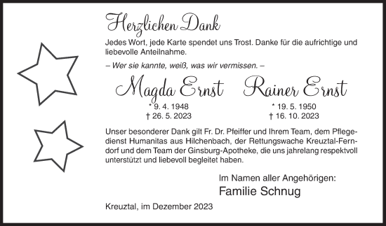 Traueranzeige von Magda und Rainer Ernst von Siegener Zeitung