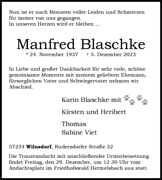 Traueranzeige von Manfred Blaschke von Siegener Zeitung