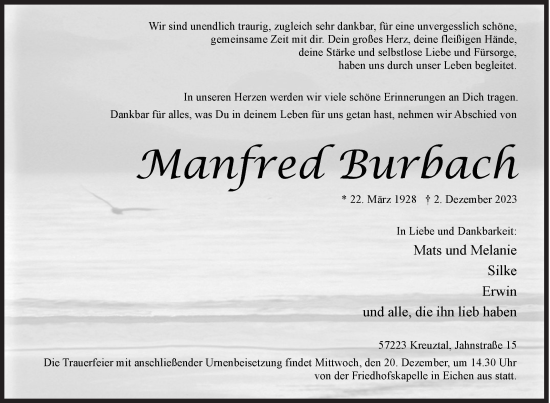 Traueranzeige von Manfred Burbach von Siegener Zeitung