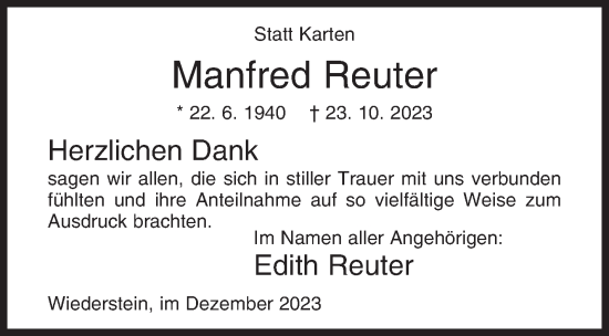 Traueranzeige von Manfred Reuter von Siegener Zeitung