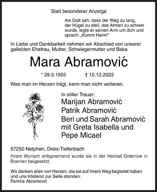 Traueranzeige von Mara Abramovic von Siegener Zeitung