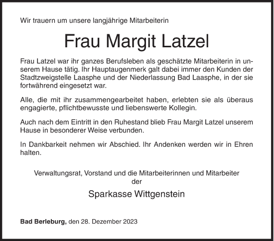 Traueranzeige von Margit Latzel von Siegener Zeitung