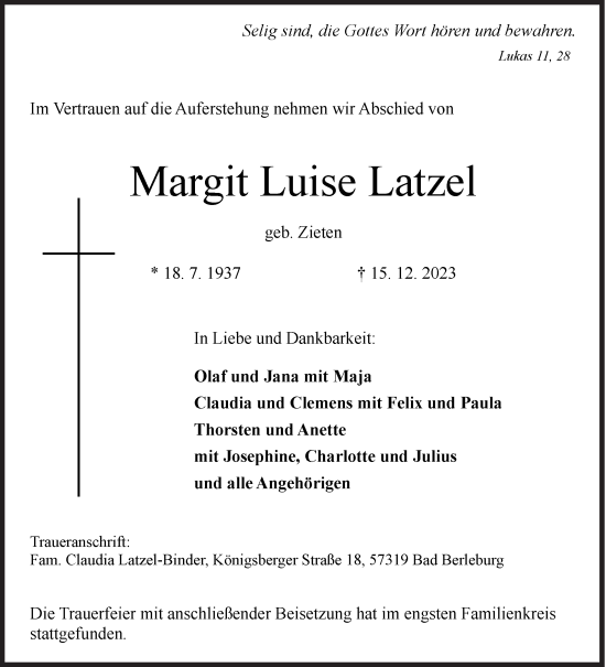Traueranzeige von Margit Luise Latzel von Siegener Zeitung