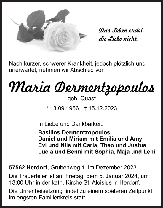 Traueranzeige von Maria Dermentzopoulos von Siegener Zeitung