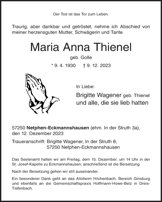 Traueranzeige von Maria Anna Thienel von Siegener Zeitung