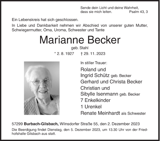 Traueranzeige von Marianne Becker von Siegener Zeitung