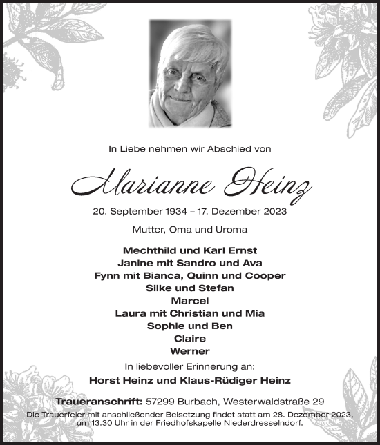 Traueranzeige von Marianne Heinz von Siegener Zeitung