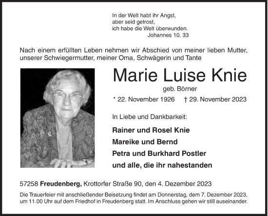 Traueranzeige von Marie Luise Knie von Siegener Zeitung