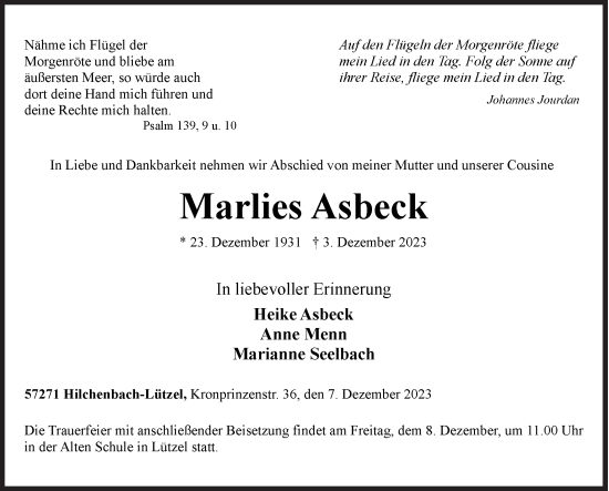 Traueranzeige von Marlies Asbeck von Siegener Zeitung