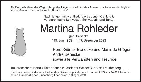 Traueranzeige von Martina Rohleder von Siegener Zeitung
