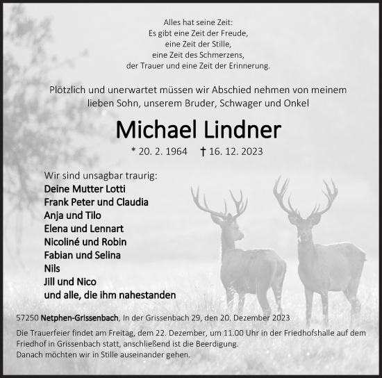 Traueranzeige von Michael Lindner von Siegener Zeitung