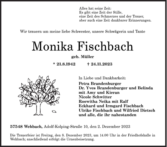 Traueranzeige von Monika Fischbach von Siegener Zeitung