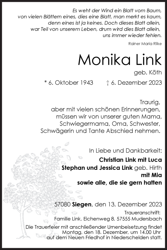 Traueranzeige von Monika Link von Siegener Zeitung