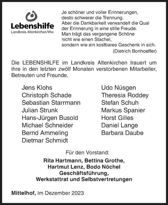 Traueranzeige von Nachruf LEBENSHILFE Landkreis Altenkirchen von Siegener Zeitung