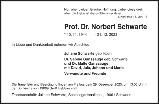 Traueranzeige von Norbert Schwarte von Siegener Zeitung