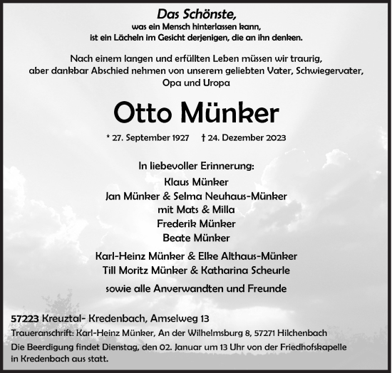 Traueranzeige von Otto Münker von Siegener Zeitung