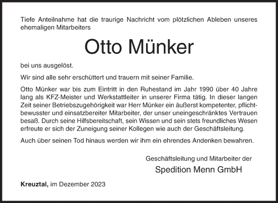 Traueranzeige von Otto Münker von Siegener Zeitung