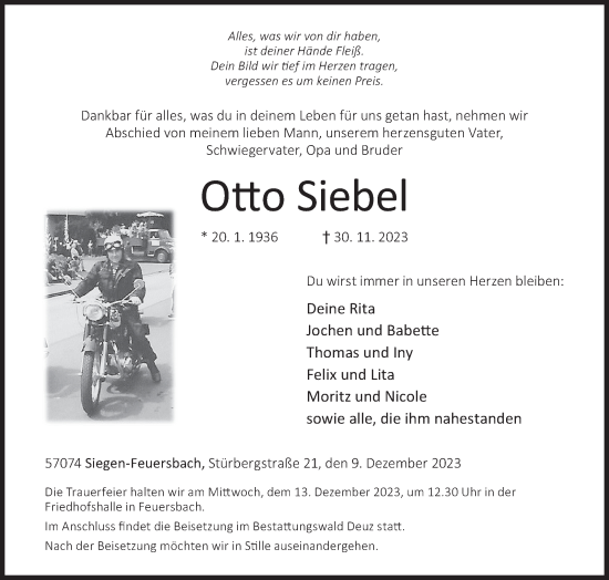 Traueranzeige von Otto Siebel von Siegener Zeitung