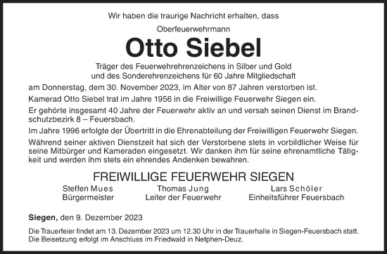 Traueranzeige von Otto Siebel von Siegener Zeitung