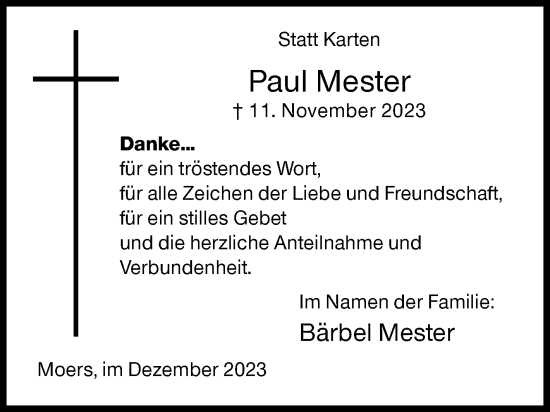Traueranzeige von Paul Mester von Siegener Zeitung