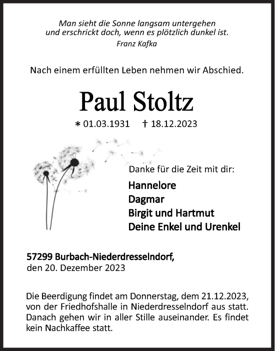 Traueranzeige von Paul Stoltz von Siegener Zeitung