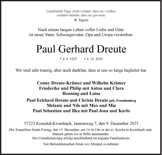 Traueranzeige von Paul Gerhard Dreute von Siegener Zeitung