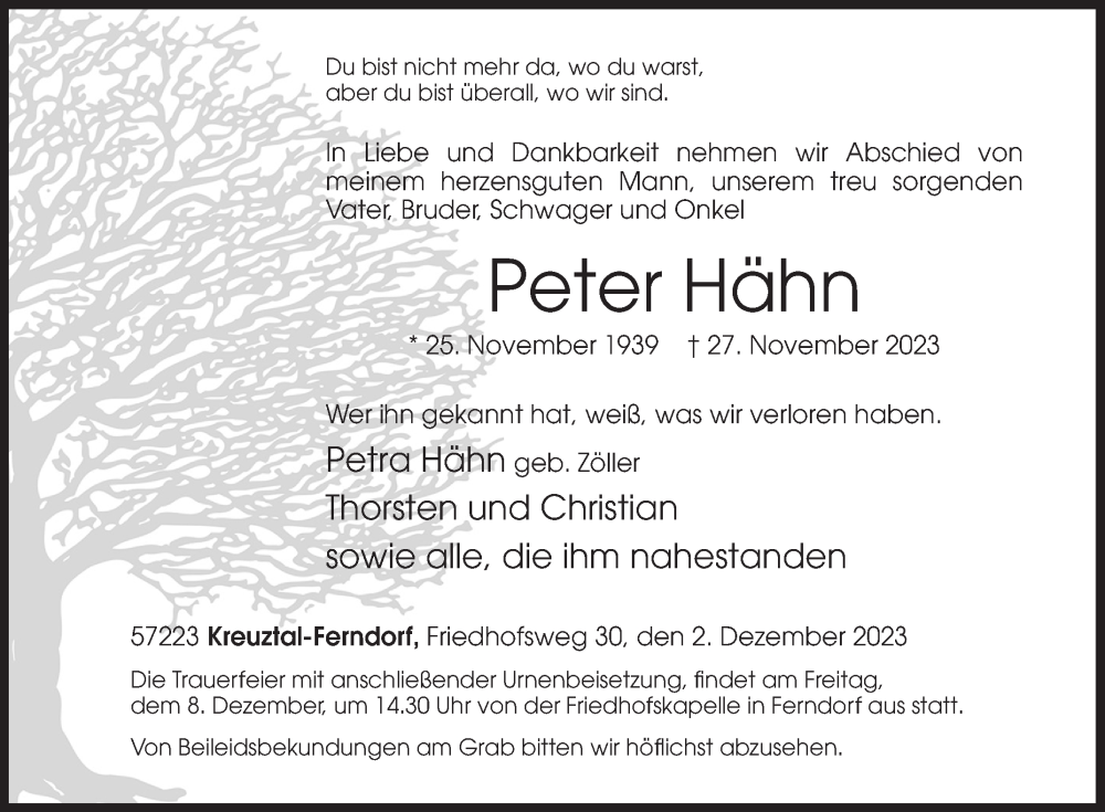  Traueranzeige für Peter Hähn vom 02.12.2023 aus Siegener Zeitung