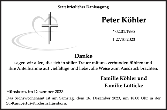 Traueranzeige von Peter Köhler von Siegener Zeitung