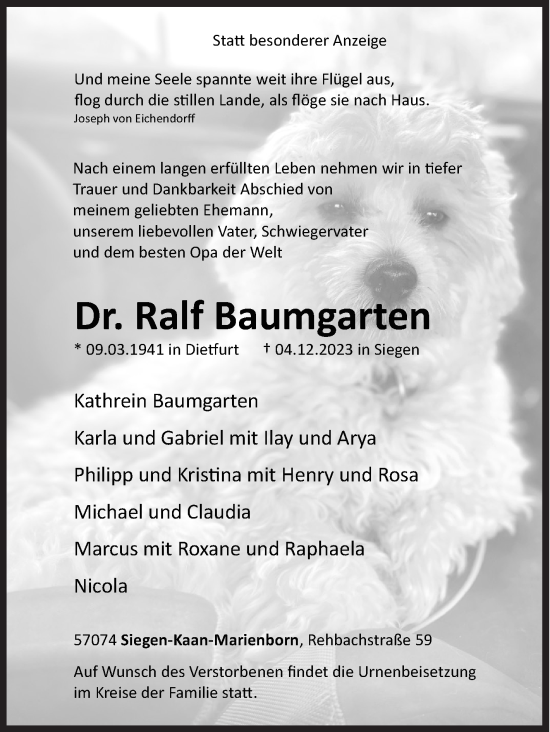Traueranzeige von Ralf Baumgarten von Siegener Zeitung