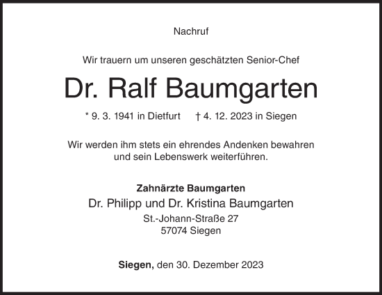 Traueranzeige von Ralf Baumgarten von Siegener Zeitung