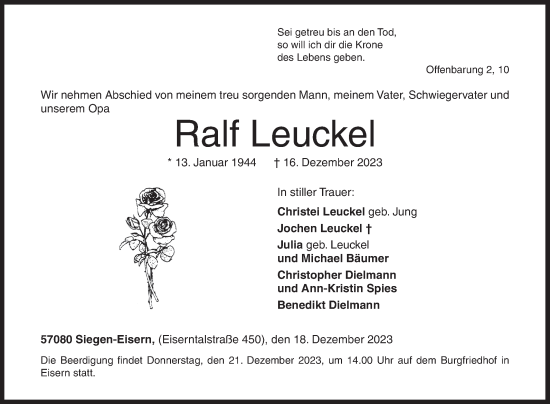 Traueranzeige von Ralf Leuckel von Siegener Zeitung