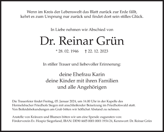 Traueranzeige von Reinar Grün von Siegener Zeitung