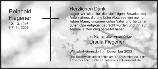 Traueranzeige von Reinhold Fiegener von Siegener Zeitung