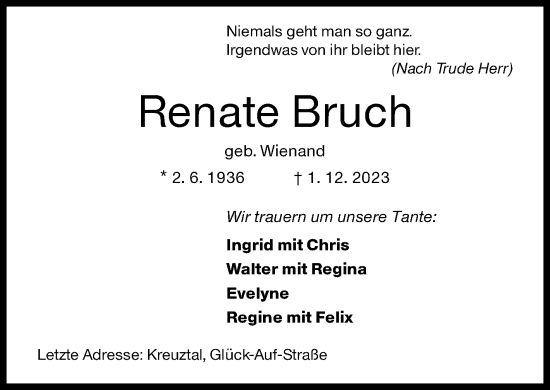 Traueranzeige von Renate Bruch von Siegener Zeitung